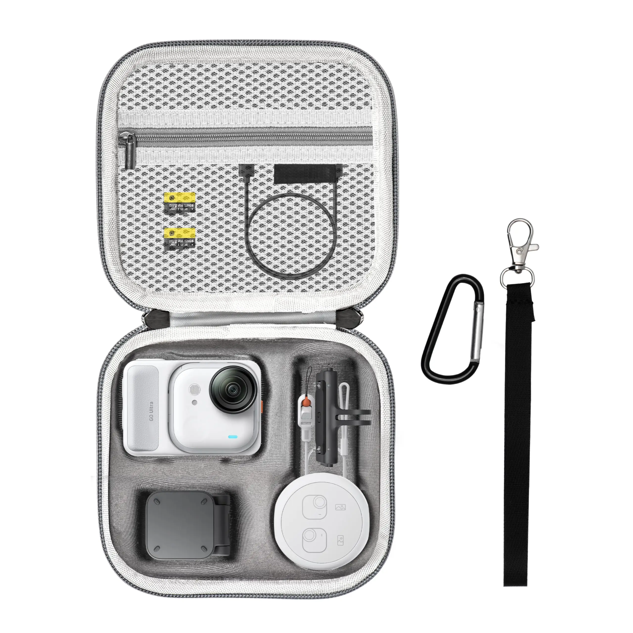Sac étanche pour Insta360 GO avec protection coque rigide, transporté à la main par un cycliste.