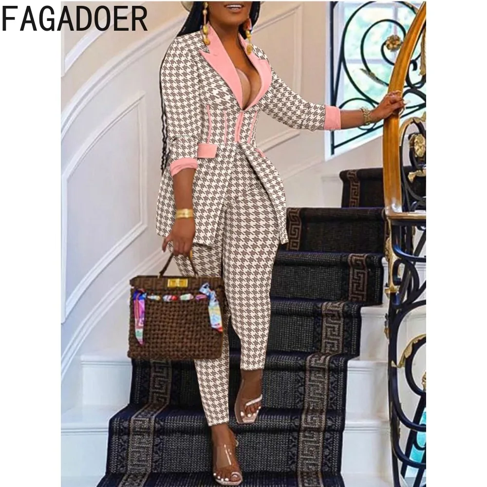 FAGADOER Women Plaid Brazer Coat Suit with Long Trouser Sets Autumn Spring Full Sleeve Corset Brazer Jackets Ladies Office Wear show thin fashion wide legged pants suit the new during the spring and autumn 2022 ladies leisure two piece with short sleeves