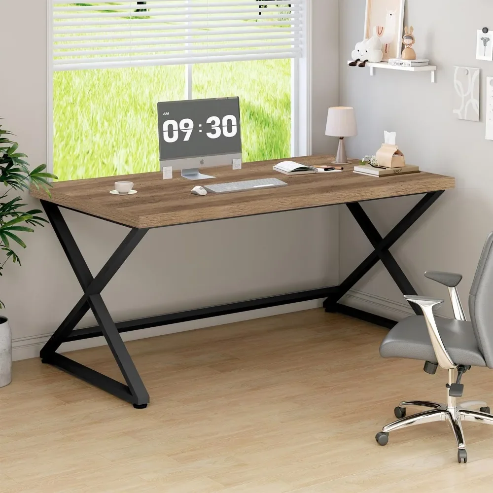Farmhouse Work Study Writing Desk in Bedroom, Minimalist Wood Laptop Executive Workstation Computer PC Gaming Table,55 in