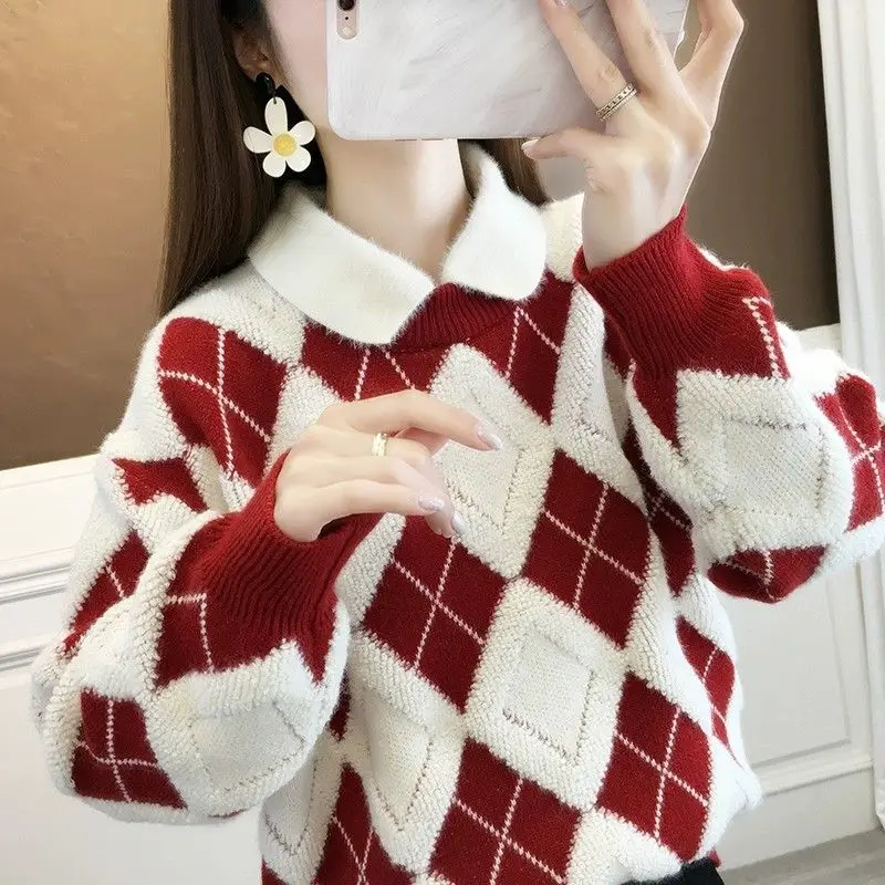 

Sweet Peter Pan Collar Spliced Fake Two Pieces Sweaters Female Clothing 2023 Winter Loose Korean Pullovers Casual Warm Tops