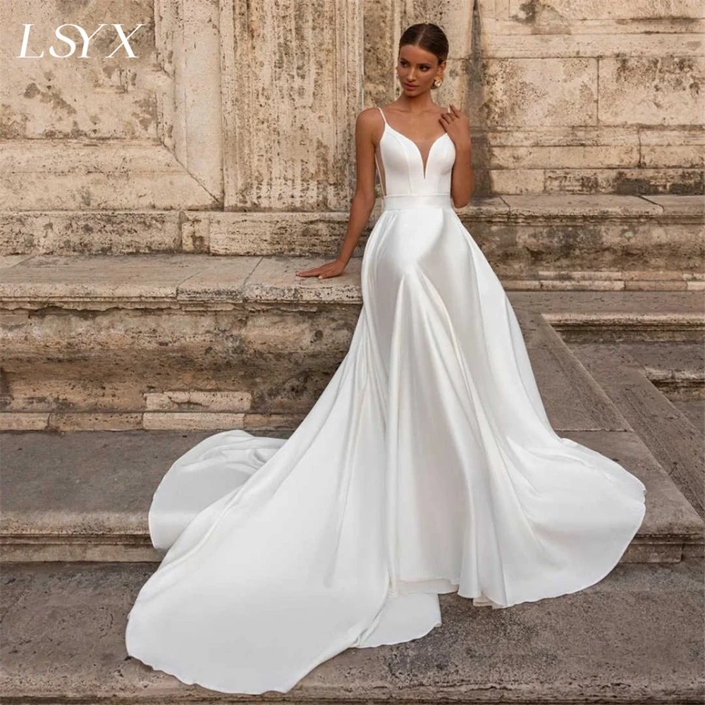 

Женское атласное свадебное платье LSYX, простое ТРАПЕЦИЕВИДНОЕ ПЛАТЬЕ до пола без рукавов, с бантом и V-образным вырезом, с иллюзией на спине, индивидуальный пошив