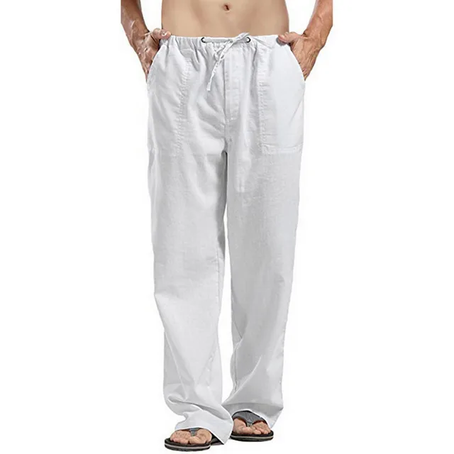 Pantalones de lino de Color liso para hombre, pantalón informal de varios bolsillos, holgado, recto, de talla grande, con cordón, transpirable, ancho 2