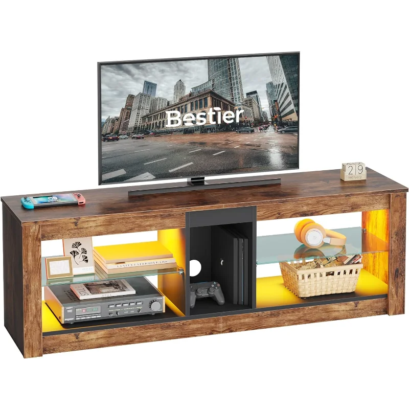 

Bestier Entertainment Center LED Gaming TV Stand for 55+ Inch TV Adjustable Glass Shelves 22 Dynamic RGB Modes