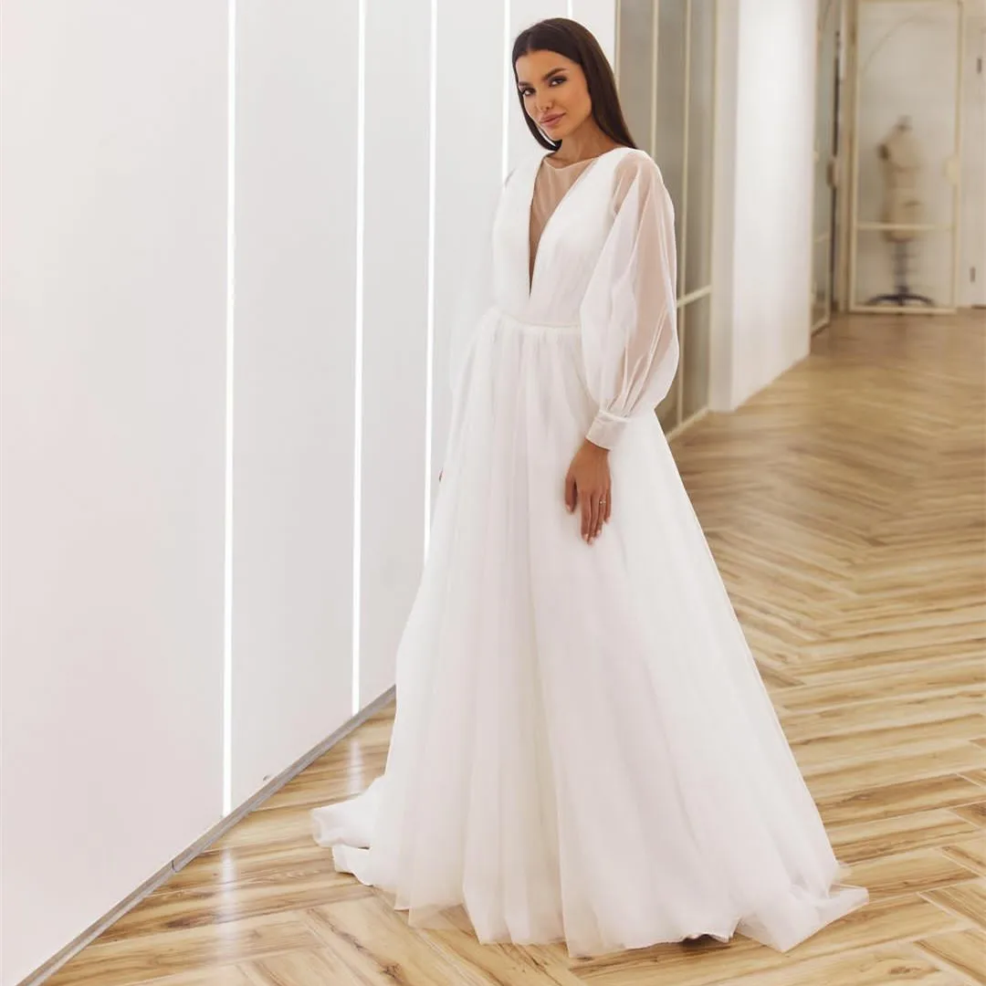 

Classic Long Tulle O-Neck Wedding Dress With Sleeve A-Line Lace Up Back Sweep Train Bridal Dress Vestido de Noiva for Women