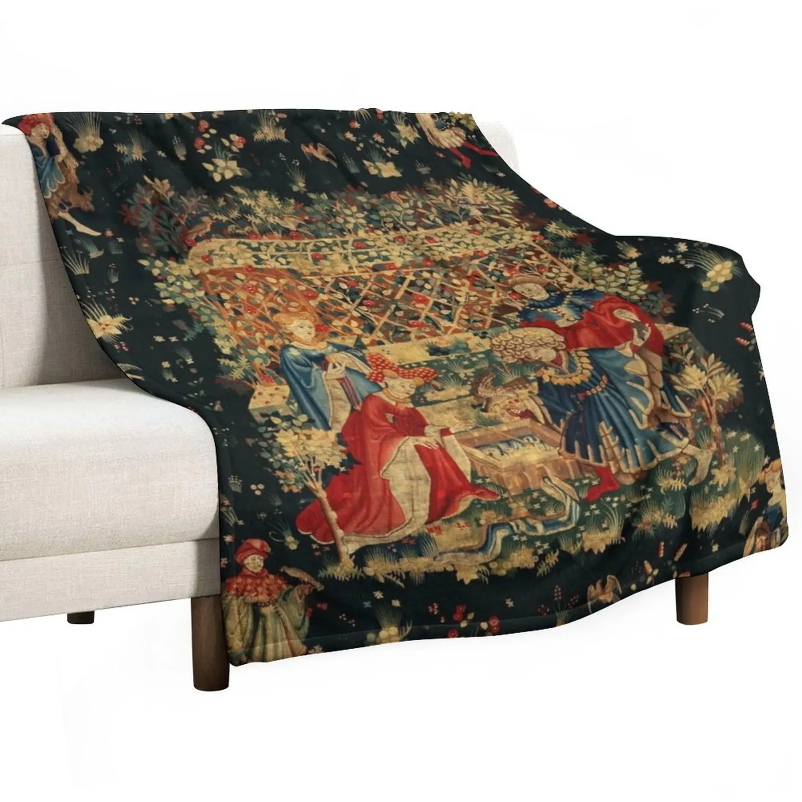 Falcons Bath Rosso Blu Antico Arazzo Medievale, Figure Corte, Uccelli, Fiori, Coperta A Traliccio Rosa Coperta Sciolta