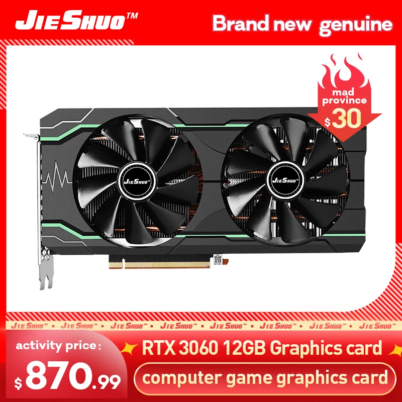 latest gpu for pc JIESHUO RTX3060 12GB LHR version GDDR6 192BIT computer game graphics card, brand new graphics card best video card for gaming pc