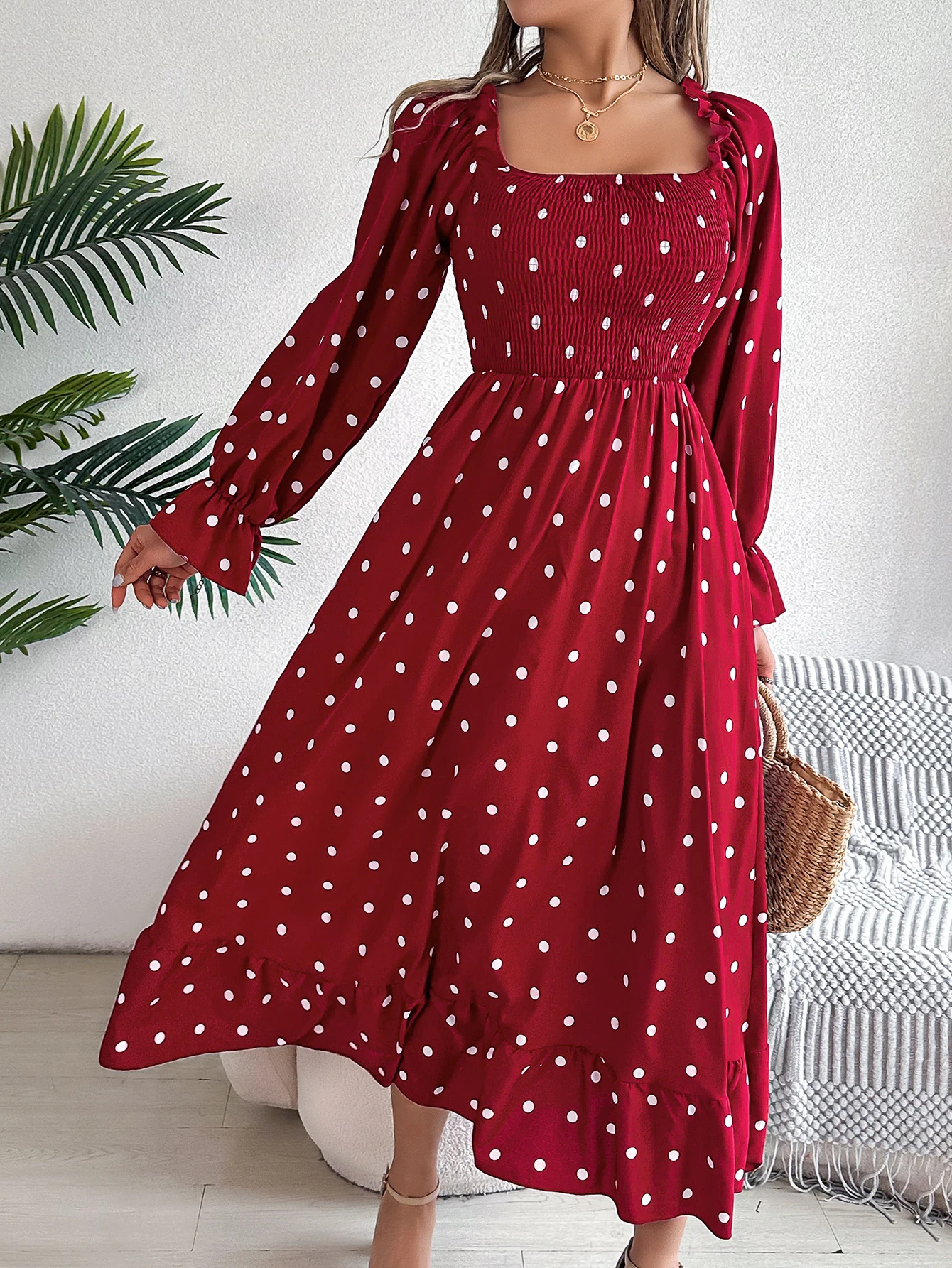 Women Polka Dot Long Sleeve Square Neck Dress