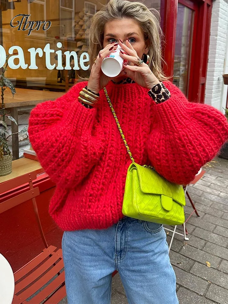 

Women's Elegant Solid O Neck Sweater Loose Thick Warm Long Sleeve Rough Knitted Pullover Autumn Winter Female Commuting Knitwear