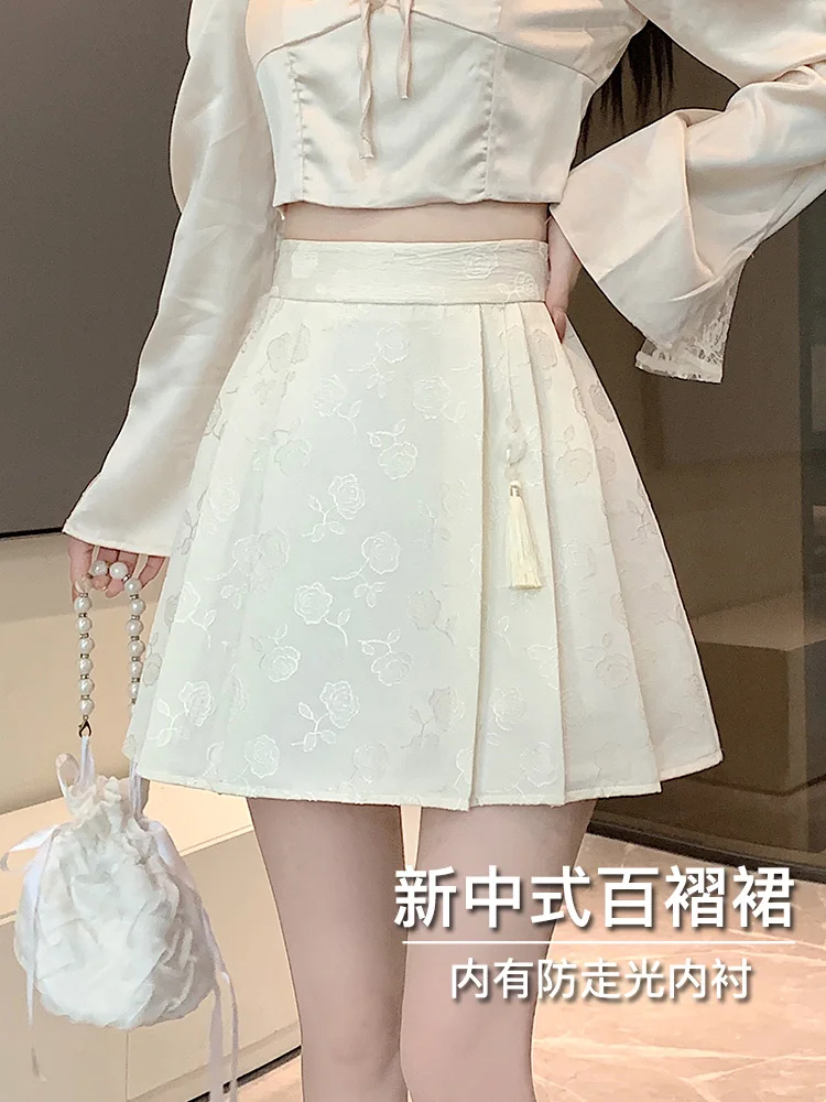 

New Chinese style Chinese style short skirt, women's anti glare small stature high waisted A-line half body pleated skirt