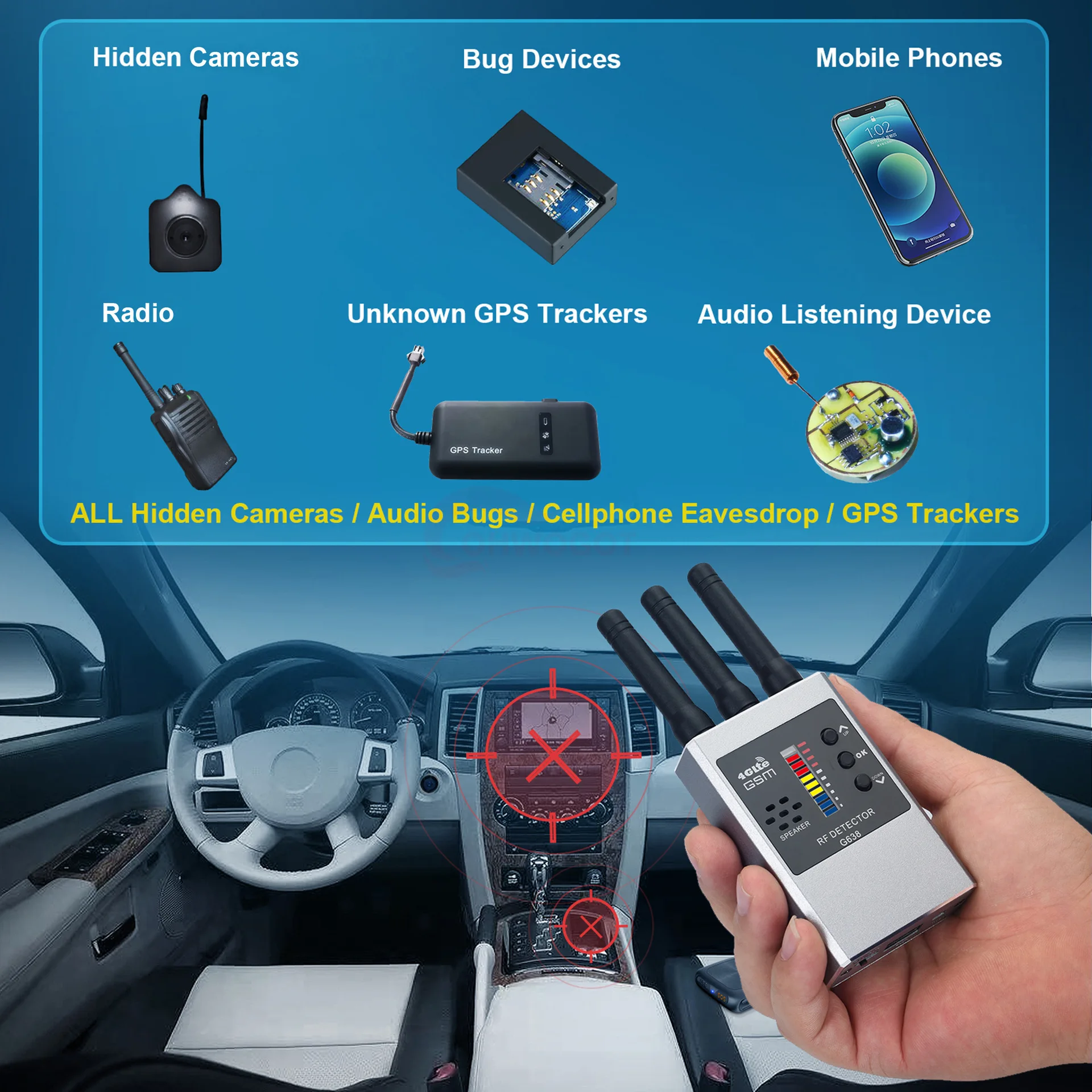 Hidden Camera Detector Infrared Camera Detector Camera Detector Signal Detector GSM RF Bug Detector Wifi Hidden Camera Finder Anti-Spy Listen Sweeper Phone Signal Wireless Listening Device GPS Tracker Detect