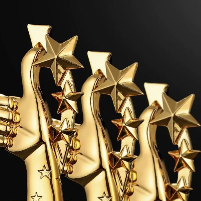 Customized Creative Thumb Pentagram Resin Trophy Souvenir Reward Home Decoration Honor Gold Silver Copper Crystal Base Medal 1Pc