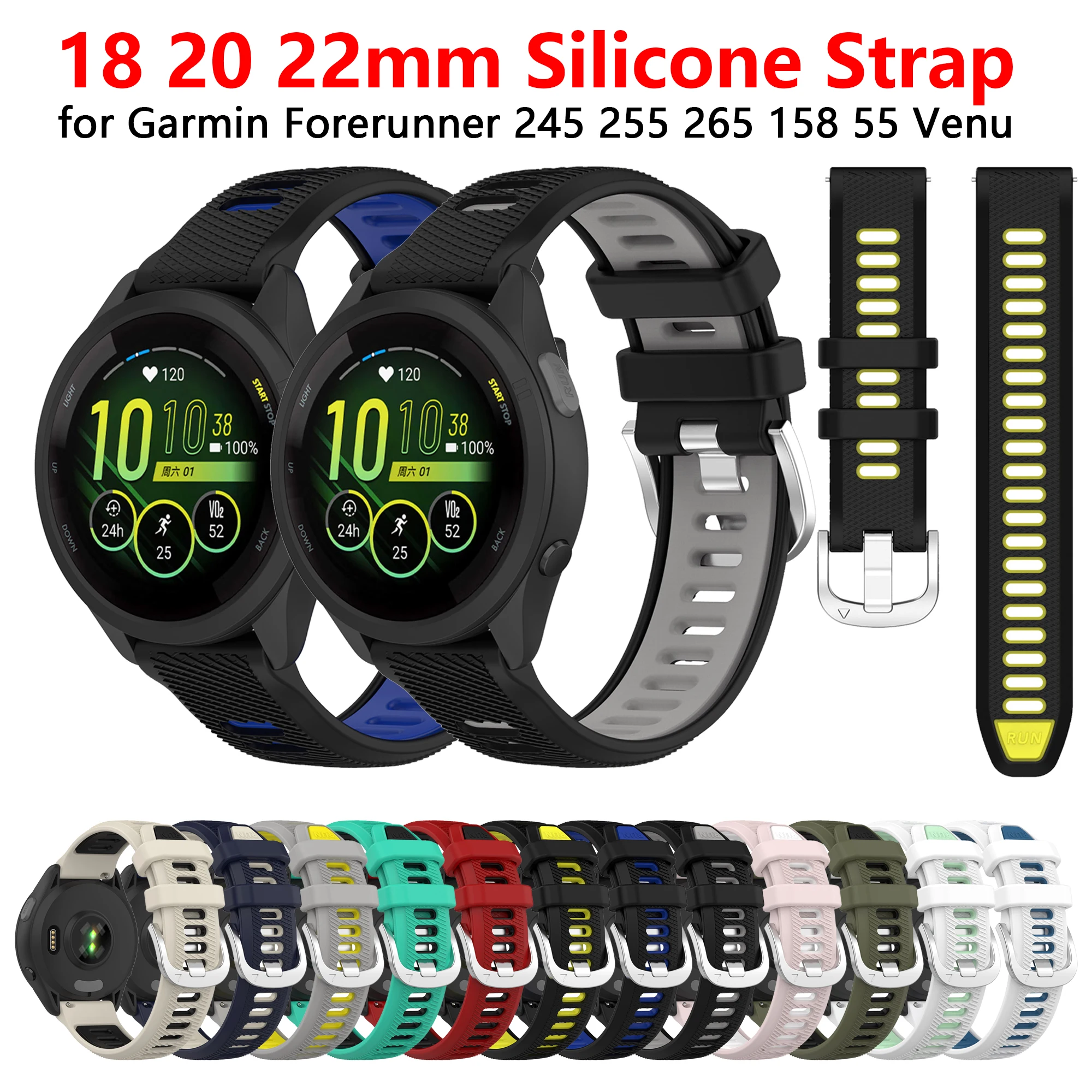 

18 20 22mm Silicone Watch Band Straps For Garmin Forerunner 255 265 245 745 Vivoactive 3 4 Wristband Venu SQ 2 2S 3 3S Bracelet