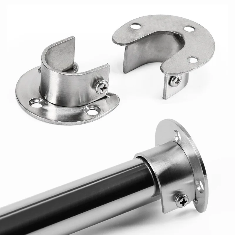 Flange Connector Wardrobe Bracket 304 Stainless Steel Flange Seat Wardrobe Hanger Rod Fixing Curtain Rod Tube Hook Fixed Support