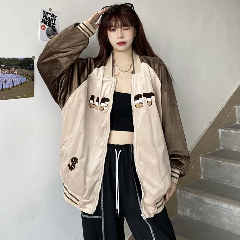 

2022 New Loose Embroidered Letters Vintage Velvet Bomber Jacket Coat Free Shipping