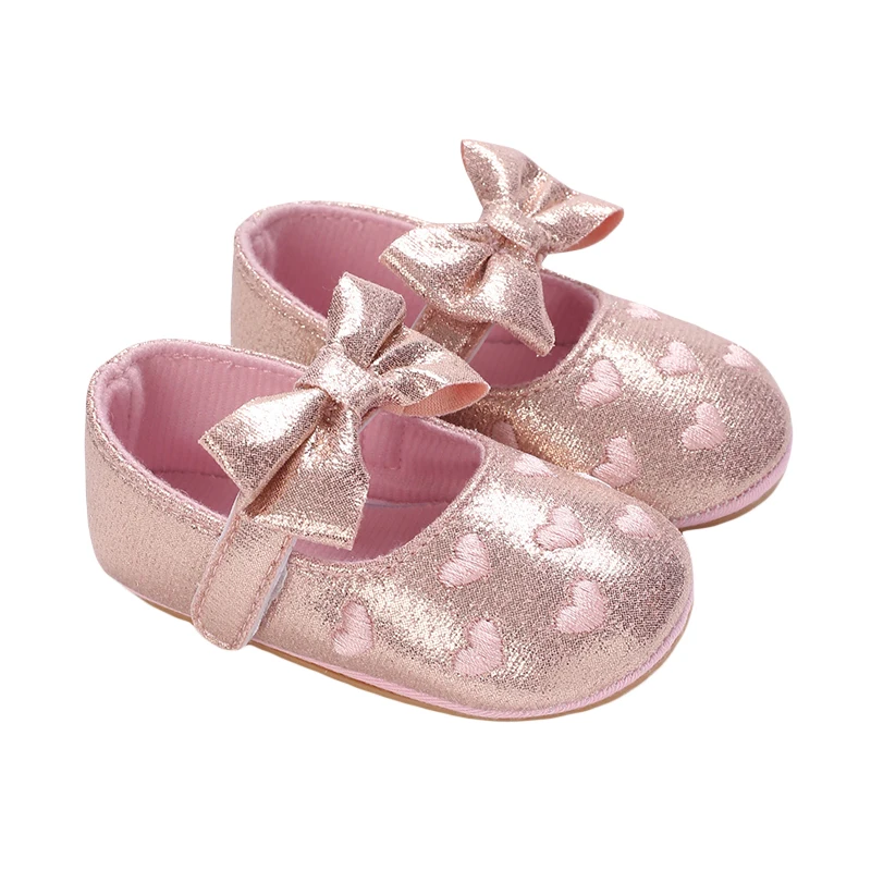 

Cute Infant Baby Girls Princess Shoes Heart Jacquard Bowknot Non-Slip Wedding Slippers Adorable Shine Surface Baby Booties