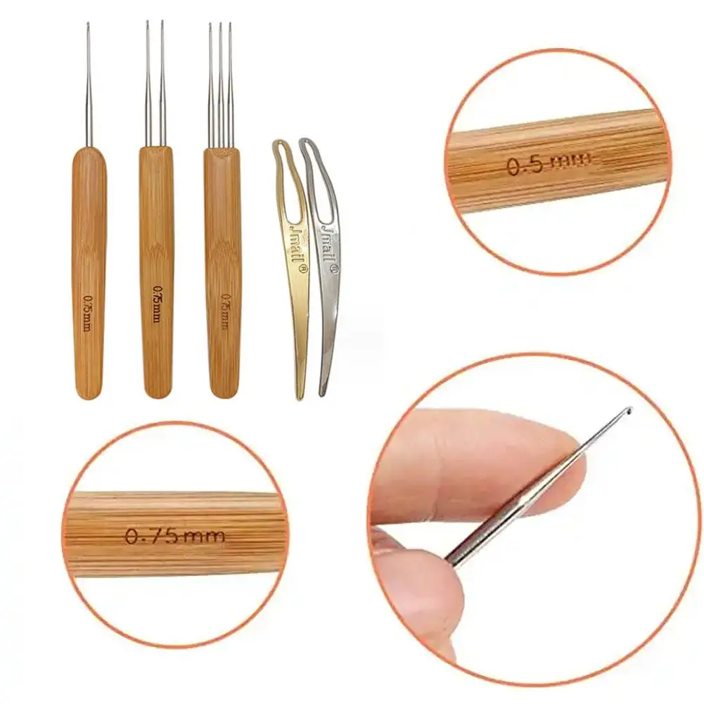 5Pcs Dreadlock Crochet Hook Crochet Hair Needle Braid Craft Stainless Steel with Bamboo Handle Knitting Needles Kits
