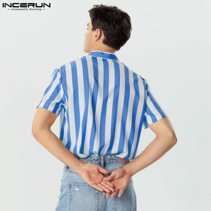 INCERUN Men Striped Shirt Stand Collar Short Sleeve Casual Men Clothing Harajuku Streetwear Summer Leisure Shirts S-5XL casual short sleeved shirt short sleeved shirt