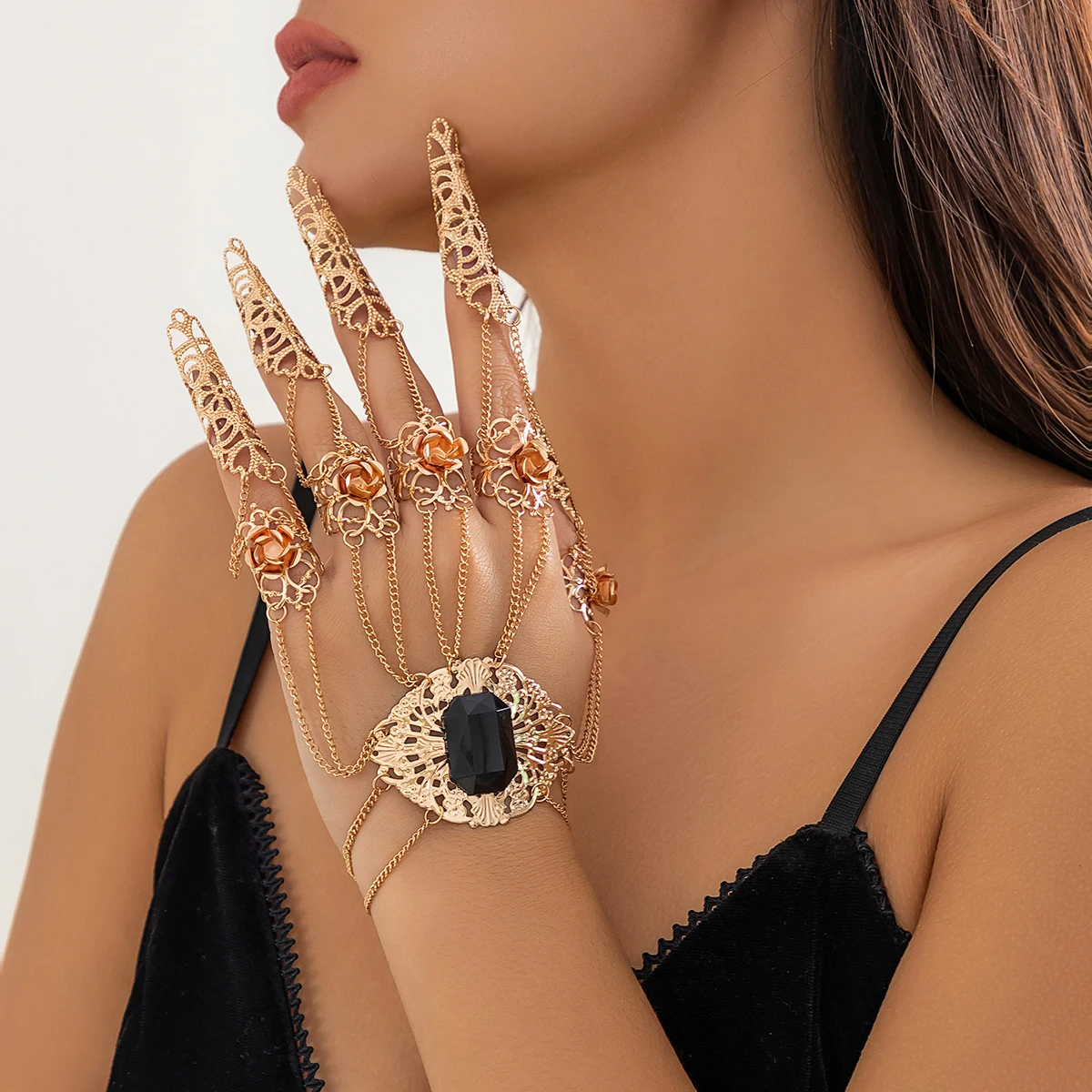 Amazon.com: Obmyec Wedding Crystal Finger Ring Bracelets Gold Boho  Rhinestone Hand Chain Slave Hand Harness Bracelet Accessories for Women and  Girls: Clothing, Shoes & Jewelry