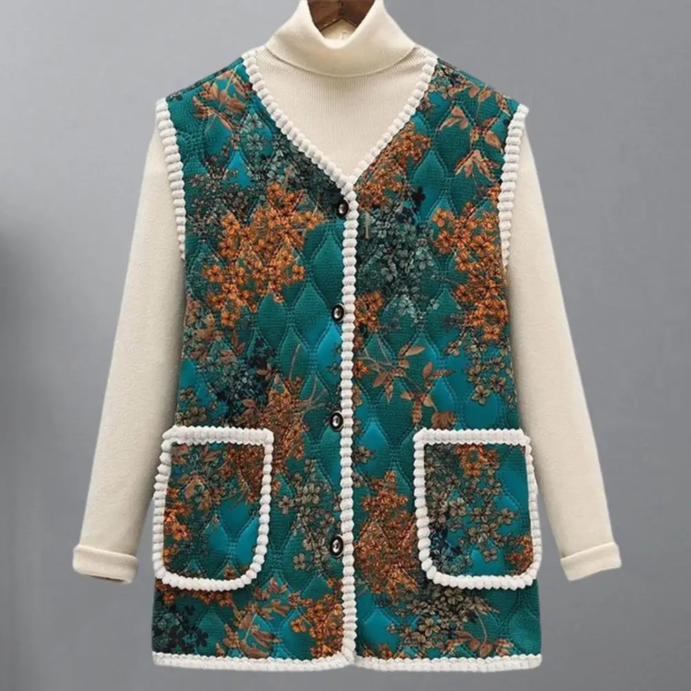 

Women Polyester Vest Stylish Middle-aged Women's Floral Vest Coat Warm Windproof Fashionable Outerwear with Large Pockets Loose