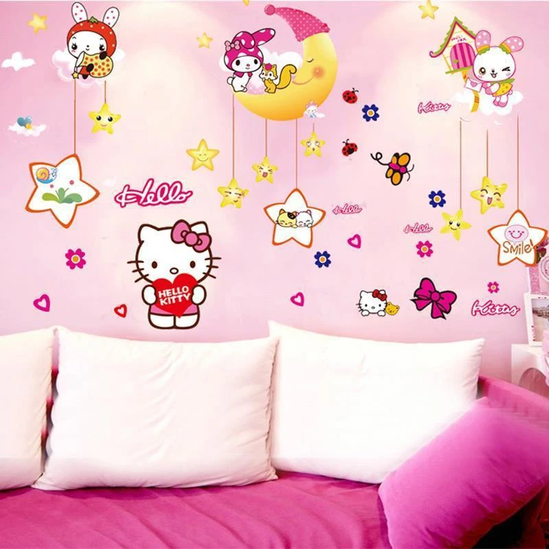 Pegatina de pared de Hello Kitty, dibujos animados, Anime, chica, pegatinas  de decoración para habitación de niños, dormitorio, armario, puerta, regalo  de cumpleaños| | - AliExpress