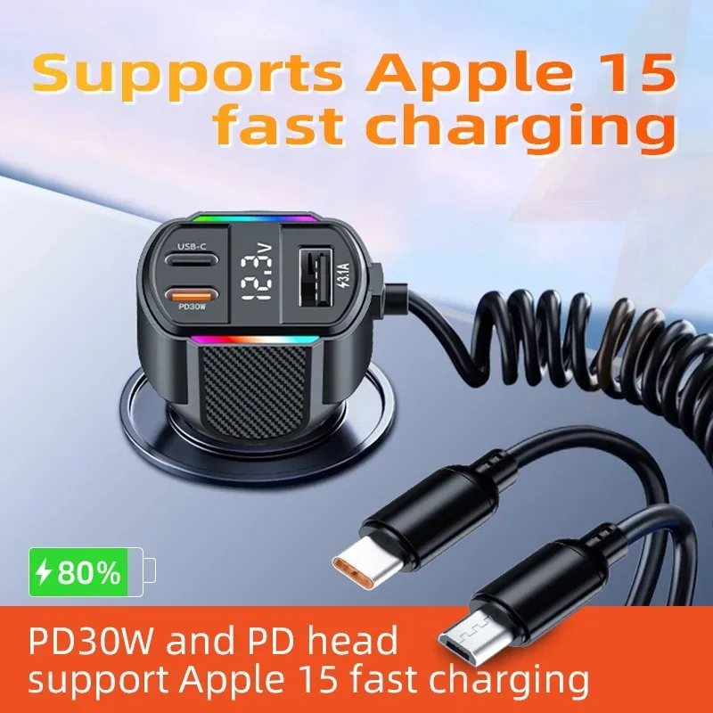 PD 30W Car Charger Cigarette Lighter Adapter USB Type-C with  Spring Wire Fast Charging Cable For iPhone Xiaomi Huawei Samsung