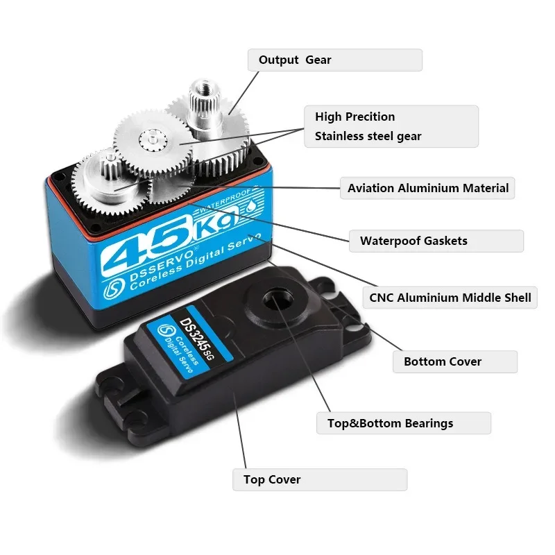 Détail du bras de servo et des fixations du DS3245 45KG sans noyau, parfait pour usage intensif