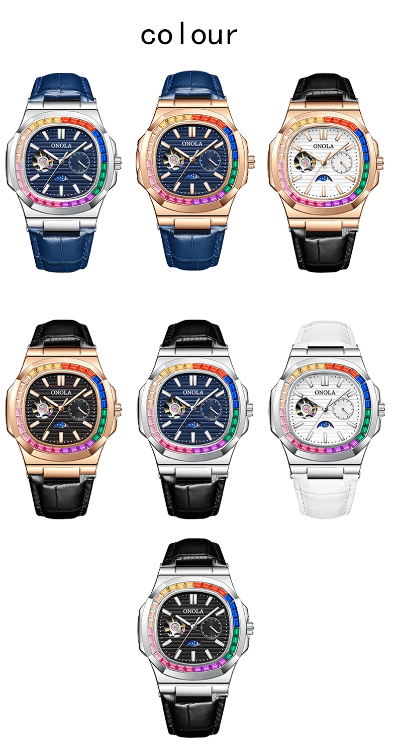 ONOLA Fashion Colorful Diamond Hollow Fully Automatic Mechanical Men's and Women's Watches Waterproof Leather Watch Men's Clock_voghion.com