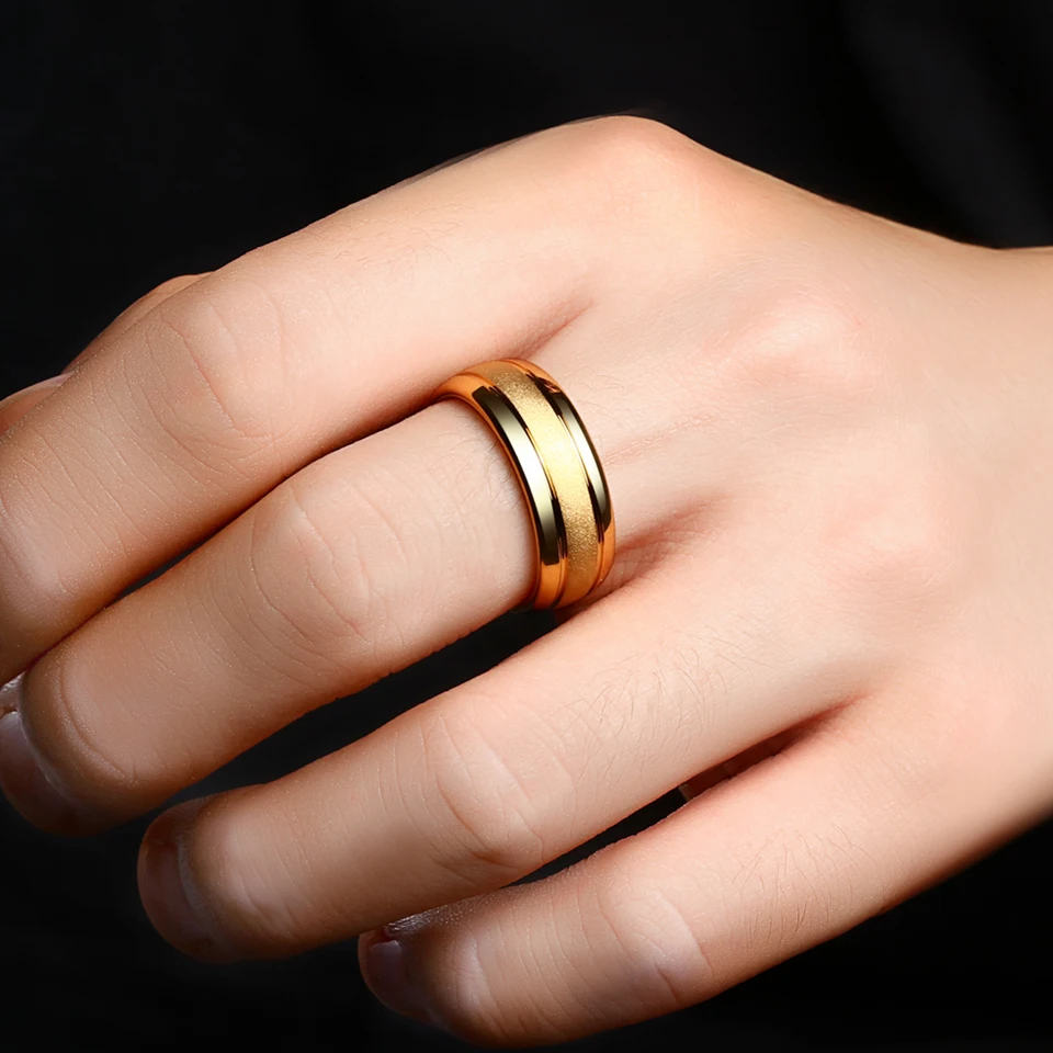 男性用ゴールドカラーウェディングリング、フロストバンド