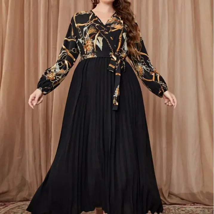 

Eid Muslim Dress Long Sleeve V Neck Loose Lace Up Sundress Women Printed Dress Elegant Long Vestido Robe Femme Jalabiya