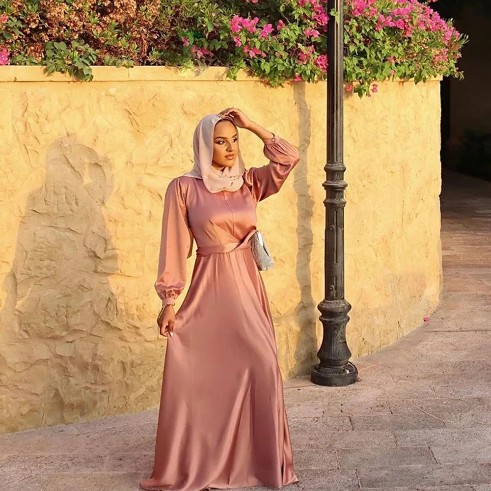 Muslim Ethnic Style Abaya Middle East Malay Casual Simple Women's Pink Evening Dress Autumn New Elegant Solid Color Ladies Robe
