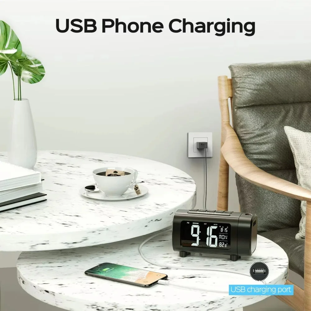 180° Projection Alarm Clock Radio Function Snooze Mode Electronic Digital Alarm Clock USB Charging Bedroom Bedside Table Clock 6