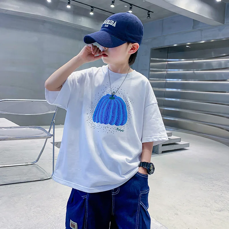 Boy's Summer Pumpkin White Ice Silk Short SleeveTT-shirt2024New Children's Summer Handsome Loose Cotton Top