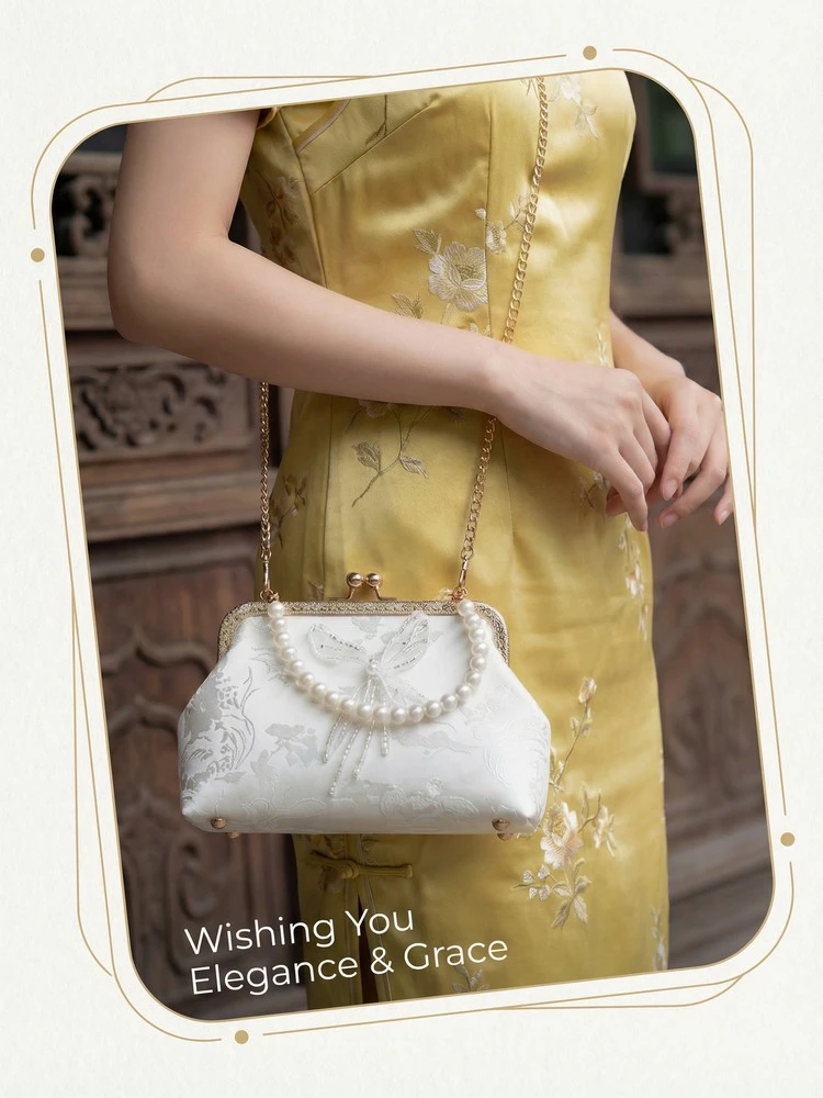 Chinese Style Butterfly Embroidery Clutch Vintage Lace Kiss Lock Handbag Elegant Evening Bag with Gold Chain for Women
