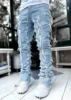High Street White Men's Stacked Jeans Stretched Patchwork Tassel Damaged Denim Full Length Pants Hip-pop Trousers For Male 2