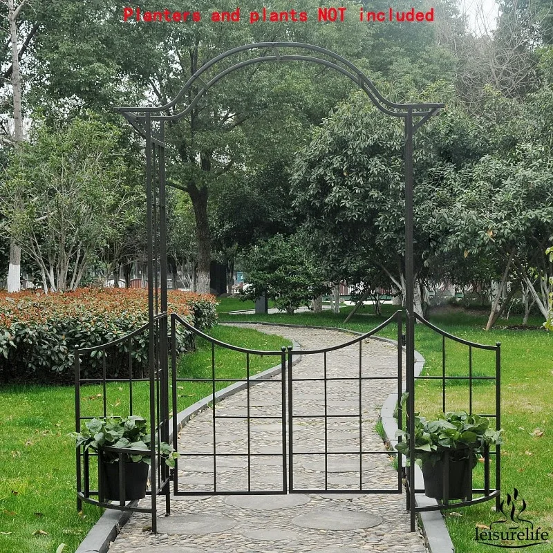 Steel Garden Arch Trellis with Gate, Planter Holders & Fence 4