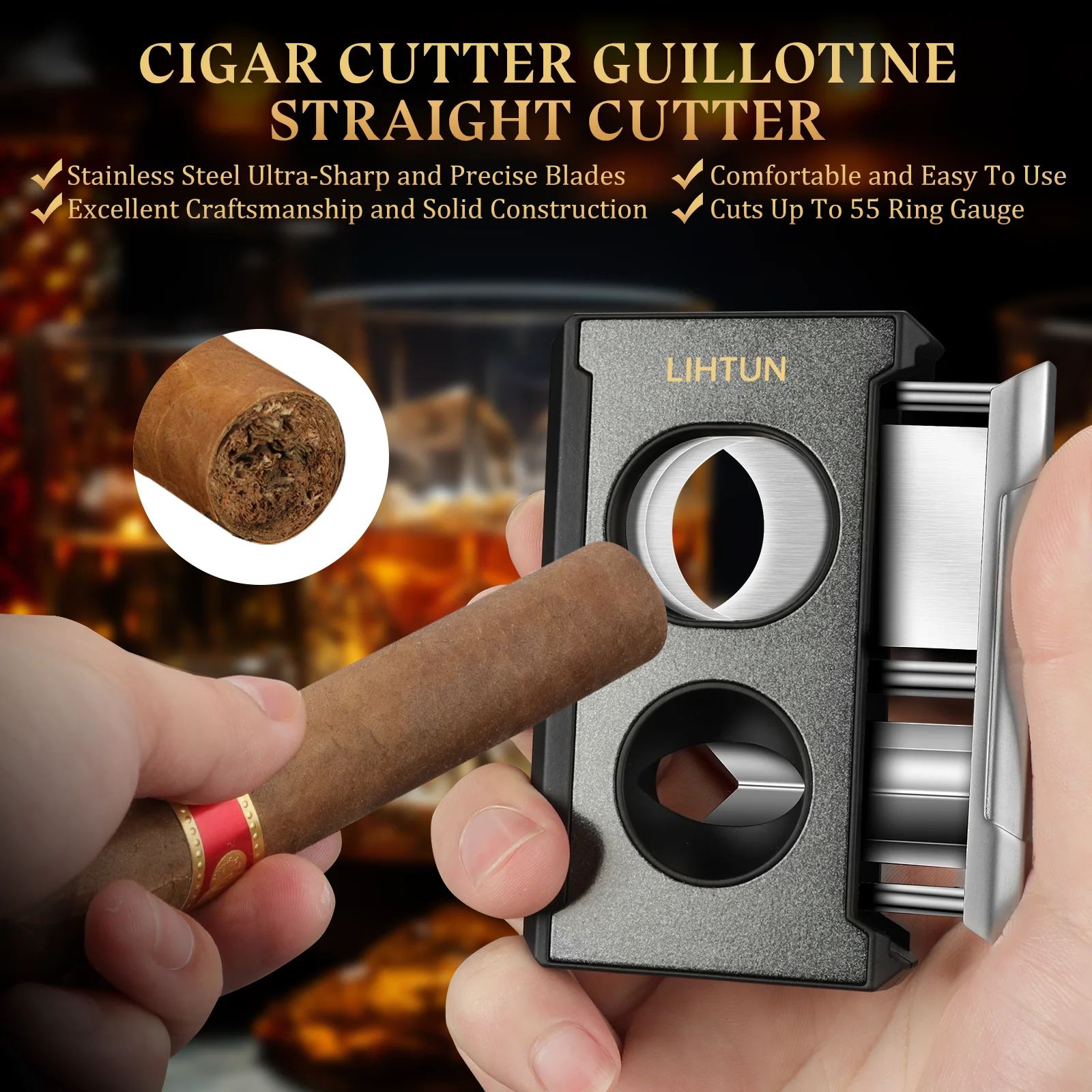 Cigar Cutter Tools 4 in 1 Straight Cut V Cutter with Cigar Punch Draw Enhancer Stainless Steel Blade Clippers