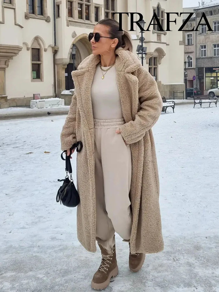 TRAFZA Vintage Teddy Long Coat Women Autumn Winter Lapel Chic Long Sleeve Double Breasted Big Jacket Woman Street Blend Overcoat 3