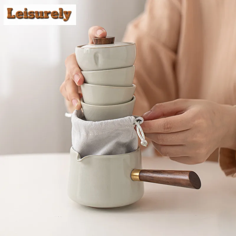 Ru Kiln Leisurely Portable Travel Tea Set Kit 360 Rotation Tea Maker Automatic 1 Pot 3 Cups Camping Picnic Tote Bag Drinkware