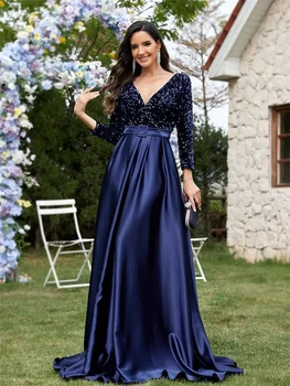 فساتين سهرة رسمية فاخرة بأكمام طويلة ورقبة على شكل حرف v من الساتان 2025 أنيقة لحفلات الزفاف ترتر للنساء فساتين كوكتيل للحفلات الراقصة 4