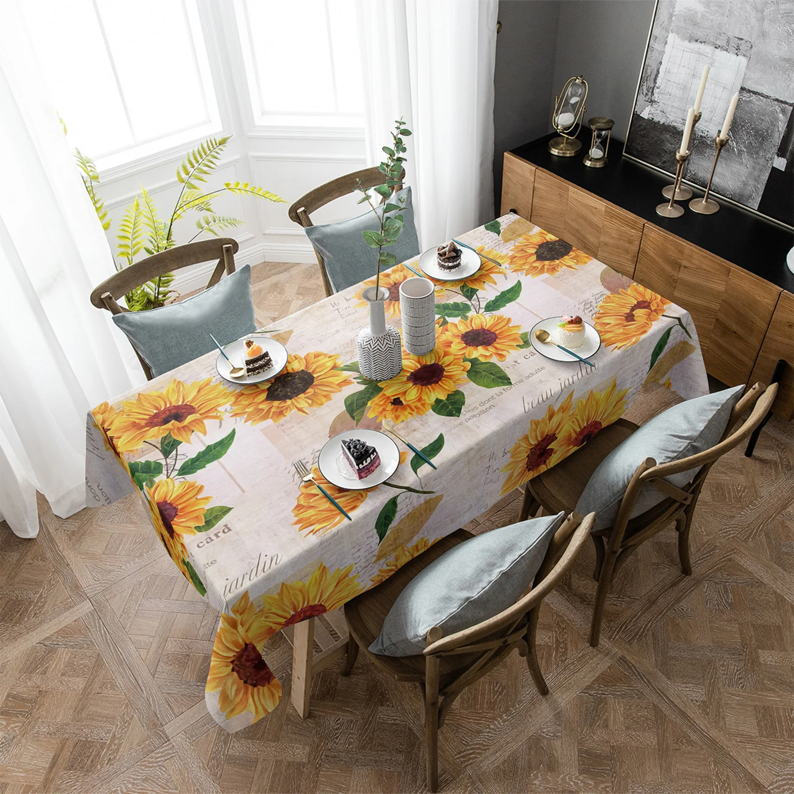 

Sunflower Old Newspaper Background Rectangle Tablecloth Dining Table Decor Waterproof Round Tablecloths Kitchen Home Decoration