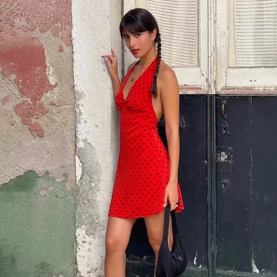 

Summer Sexy Deep V-neck Dress Women Tank Top Mini Dress Slim Pattern Sleeveless Short Dresses Halter Streetwear Gyaru Clothes