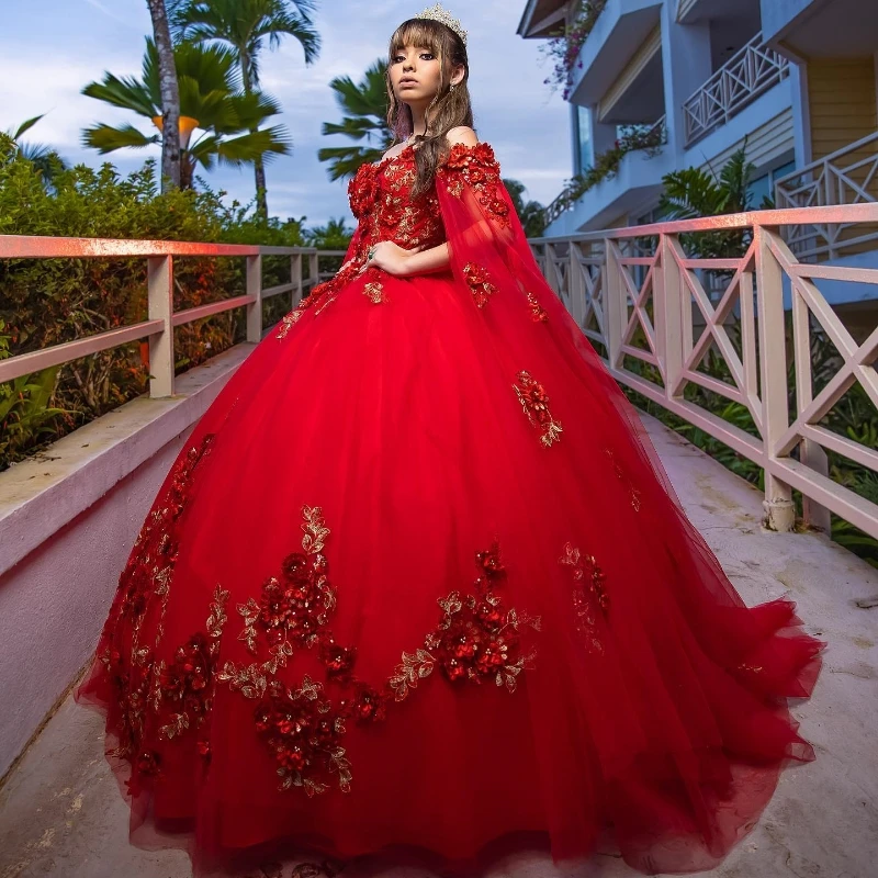 

Red Shiny Quinceanera Dresses for 15 Year Ball Gown Off the Shoulder 3DFlower Applique Beads Sweet 16 Long Prom Party Gown 2024