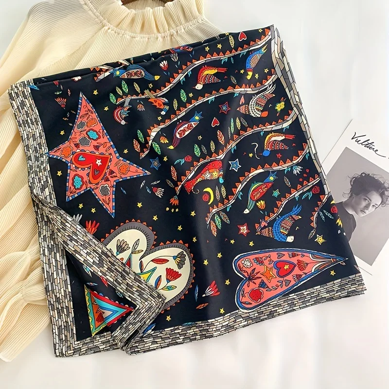 35.43" Geometric Pattern Square Scarf Imitation Silk Satin Shawl Thin Summer Sunscreen Bandana Outdoor Handbag Decoration Scarf 5