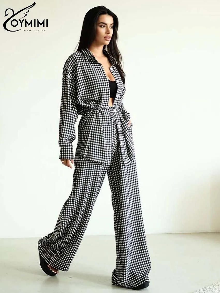 Oymimi Fashion Black Plaid Print Women Two Piece Set Elegant Long Sleeve Lace-Up Button Shirts And Straight Trousers Female Sets