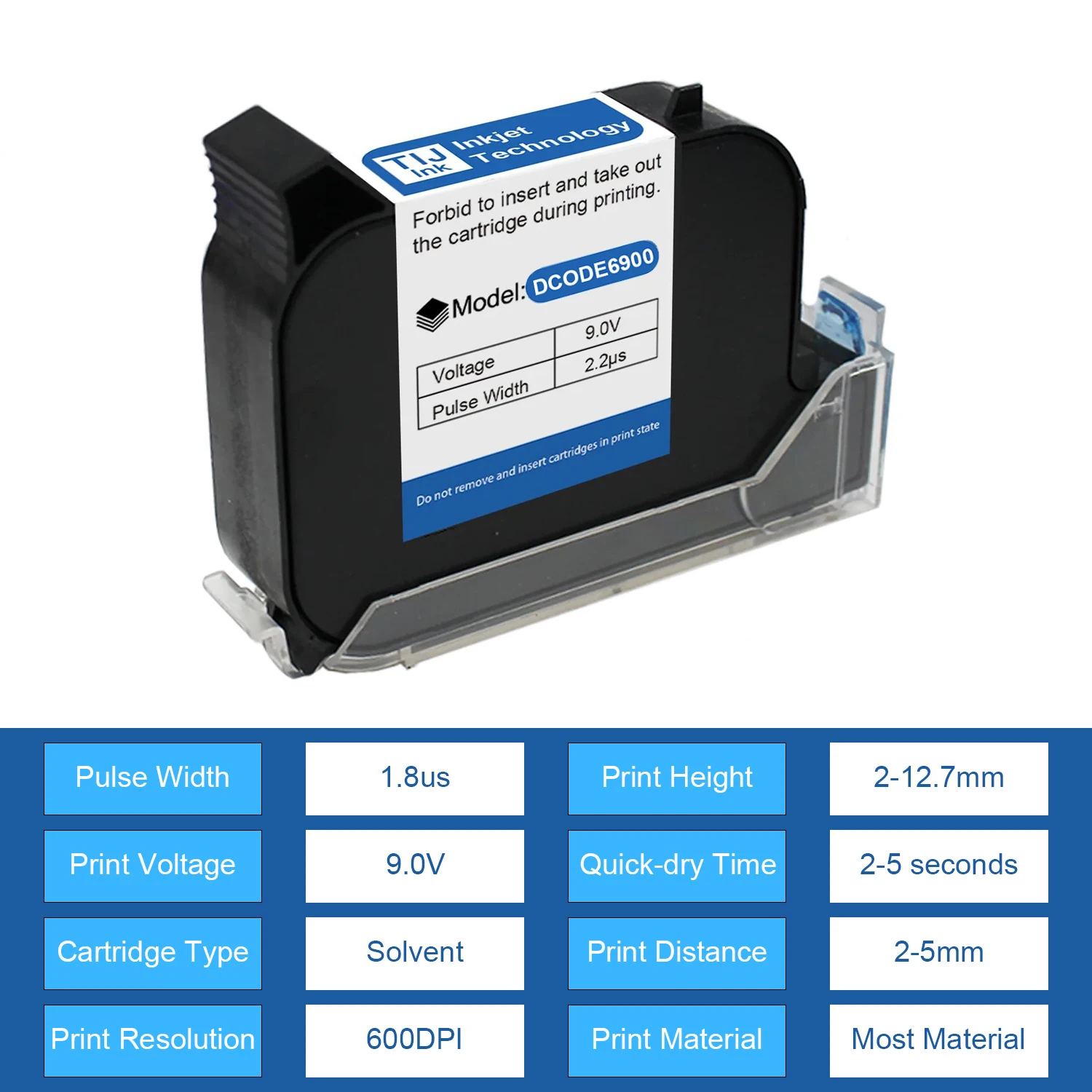 6900 Economy 12.7mm Handheld Thermal Inkjet Printer Fast Dry Solvent Ink Cartrid