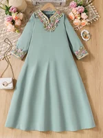 Robe vintage pour fille avec broderie dorée, dentelle motif épi de blé et appliques brodées de fleurs, convient aux enfants de 4 à 12 ans, polyvalente pour la maison, les tenues décontractées et les sorties 3