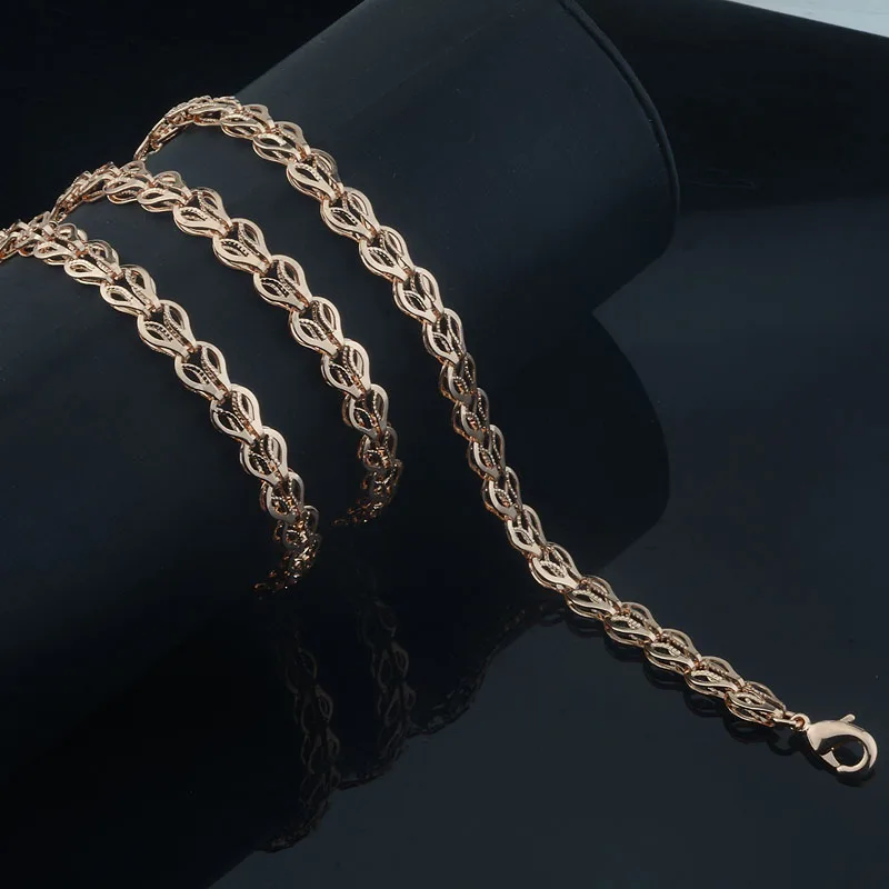Rose Gold Necklace Long Style Men Women 585 Color Beaded Twist Curb 50cm 60cm Chain Jewelry