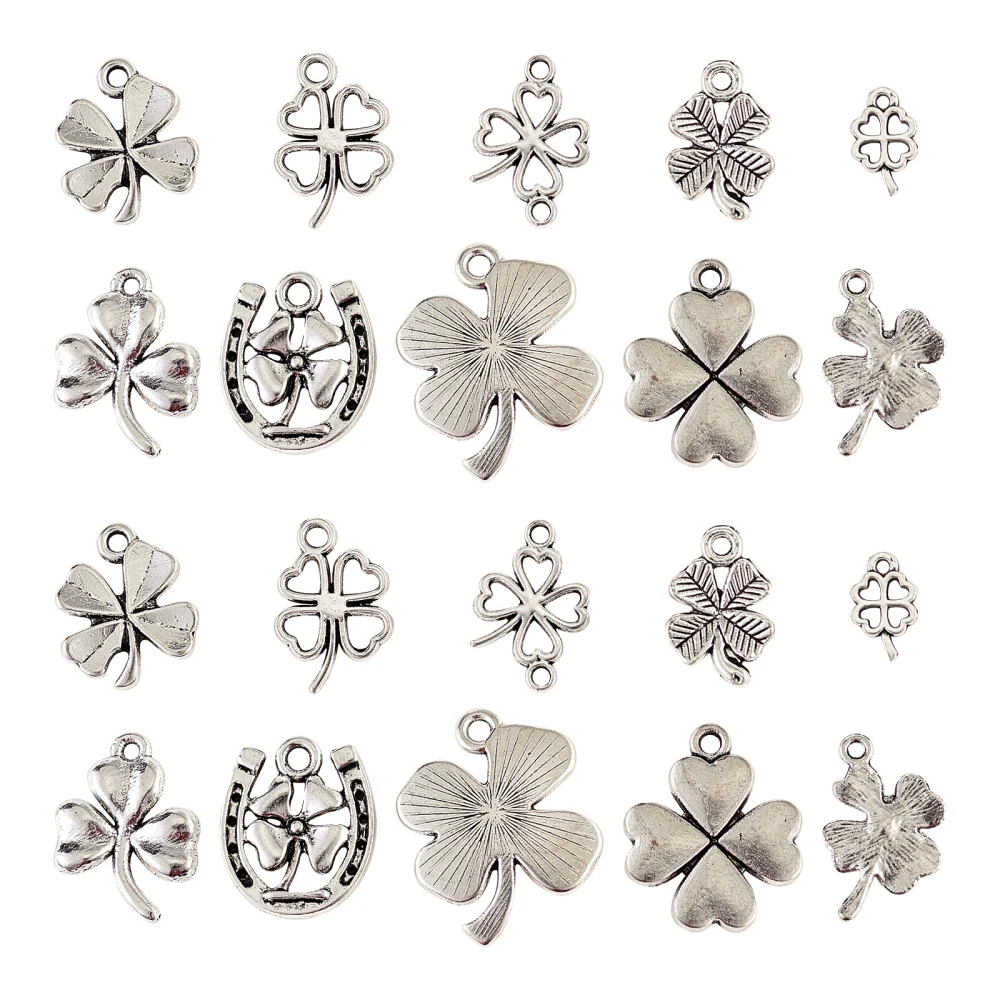 

PandaHall 100pcs Lucky Four Leaf Charm 10 Styles Tree Leaf Charms Furtune Tibetan Lucky Leaf Charms for Jewelry Making Bulk