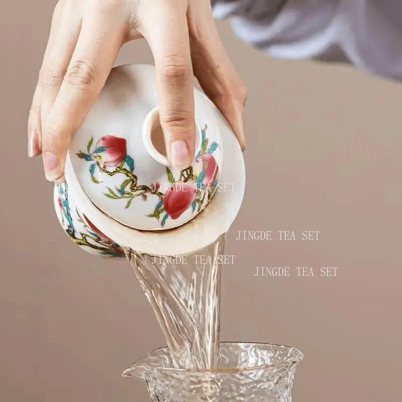 Peach Can Hover and Cover The Bowl Household White Porcelain Three Piece Lid Bowl Chinese Style Tea Bowl Tea Set Accessories