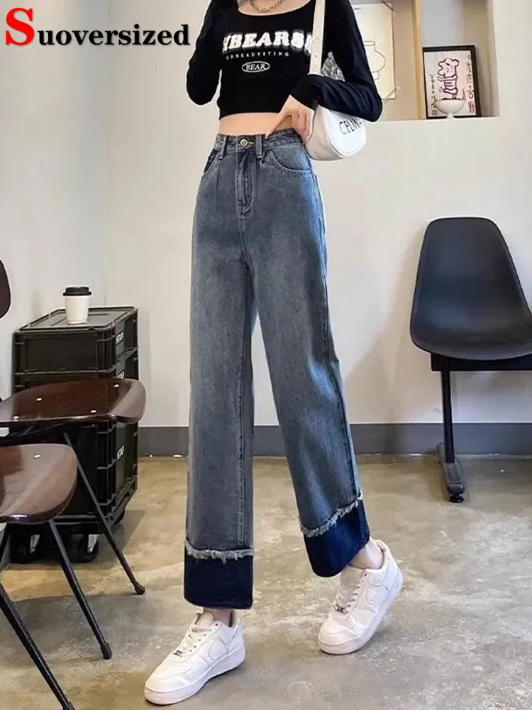 

Straight Baggy Cuffs Design Jeans Pants Vintage Blue High Waist Denim Pantalones Korean Loose Women New Vaqueros Trousers